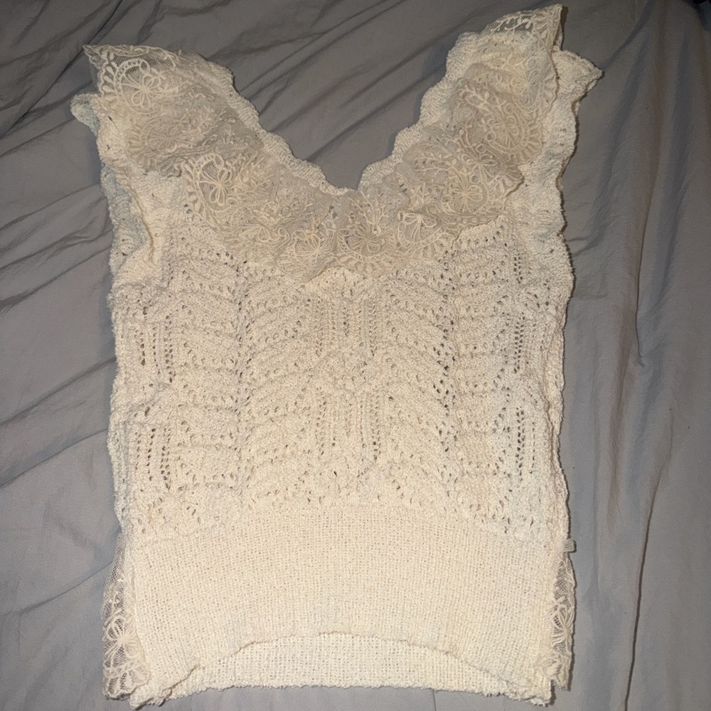 Lace Ruffle Knit Tank Top - Ivory - Picture 3 of 4